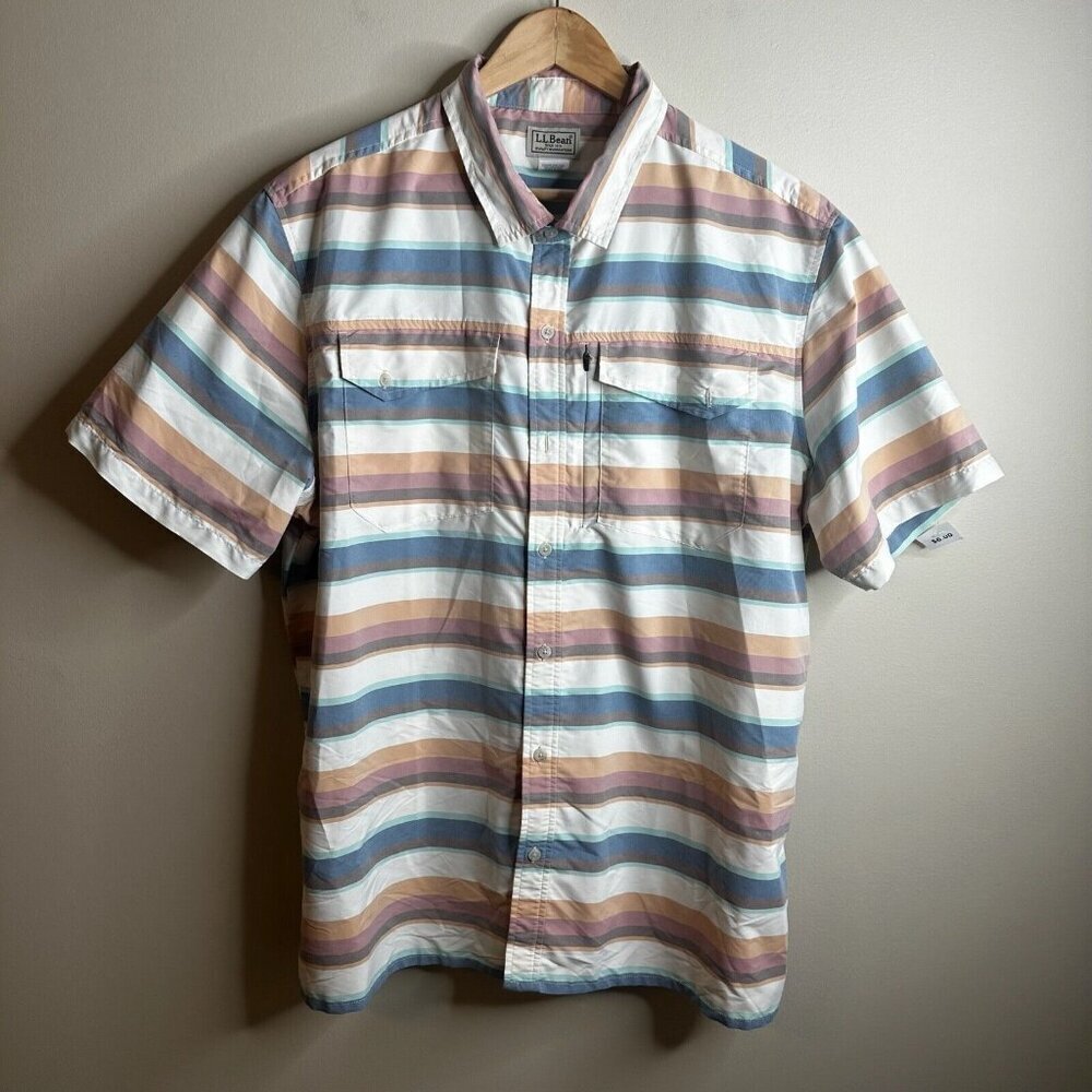 LL‎ Bean Button Up Short Sleeve Shirt Mens XL Mulitcolor Striped Fishing Outdoor